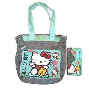 Hello Kitty Sanrio Maneki-Neko Lucky Cat Cute Large Canvas Tote w/ Clutch Wallet